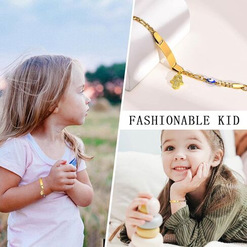 MEALGUET Personalized Child ID Bracelet : 18K Gold Plated Stainless Steel Custom Name ID Plate Bar Bracelet for Children Toddler from Mom, Engraved Kid Name for Daughter Son,Customized Birthday Gift in Kuwait