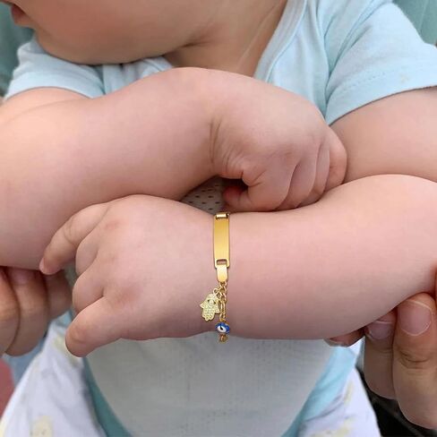 MEALGUET Personalized Child ID Bracelet : 18K Gold Plated Stainless Steel Custom Name ID Plate Bar Bracelet for Children Toddler from Mom, Engraved Kid Name for Daughter Son,Customized Birthday Gift in Kuwait