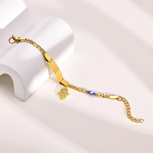 MEALGUET Personalized Child ID Bracelet : 18K Gold Plated Stainless Steel Custom Name ID Plate Bar Bracelet for Children Toddler from Mom, Engraved Kid Name for Daughter Son,Customized Birthday Gift in Kuwait