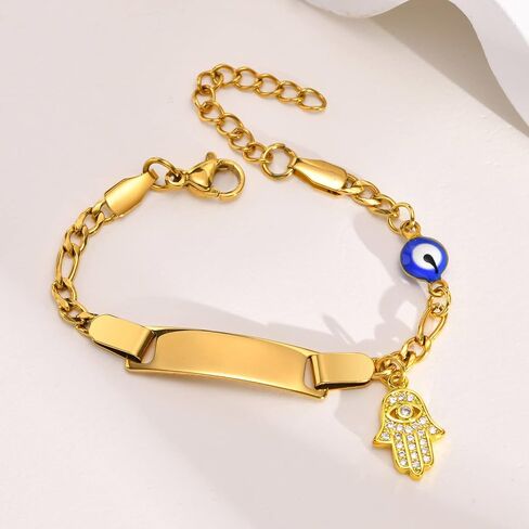 MEALGUET Personalized Child ID Bracelet : 18K Gold Plated Stainless Steel Custom Name ID Plate Bar Bracelet for Children Toddler from Mom, Engraved Kid Name for Daughter Son,Customized Birthday Gift in Kuwait