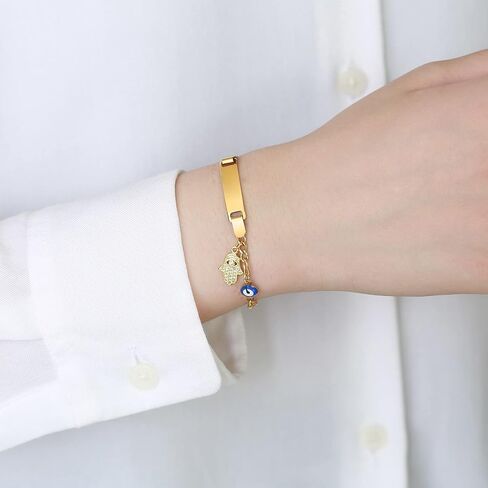 MEALGUET Personalized Child ID Bracelet : 18K Gold Plated Stainless Steel Custom Name ID Plate Bar Bracelet for Children Toddler from Mom, Engraved Kid Name for Daughter Son,Customized Birthday Gift in Kuwait