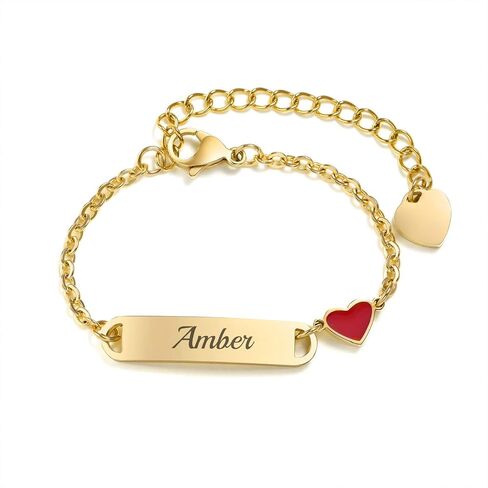 MEALGUET Personalized Child ID Bracelet : 18K Gold Plated Stainless Steel Custom Name ID Plate Bar Bracelet for Children Toddler from Mom, Engraved Kid Name for Daughter Son,Customized Birthday Gift in Kuwait