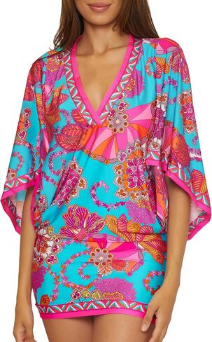 Trina Turk Women's Standard Meilani Swim Dress, V-Neck, Casual, Floral Print, Beach Cover Ups, Multicolor in Saudi Arabia