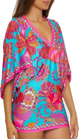 Trina Turk Women's Standard Meilani Swim Dress, V-Neck, Casual, Floral Print, Beach Cover Ups, Multicolor in Saudi Arabia