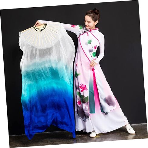 POPETPOP 1.8M Gradient Color Fan Veils Womens Silk Fans for Dance Performance Flexible Handheld Fan for Adults White to Blue in Saudi Arabia