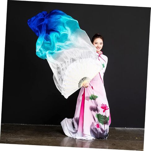 POPETPOP 1.8M Gradient Color Fan Veils Womens Silk Fans for Dance Performance Flexible Handheld Fan for Adults White to Blue in Saudi Arabia