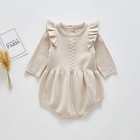 Baby Girl Long Sleeve Ruffle Bodysuit Dress Pleated Hem Pink Tutu Fall Clothes My First Thanksgiving Ugly Christmas Outfits 0-3 Months Snap Up Knit Sweater Winter Romper Brown 6-12 Months in Saudi Arabia