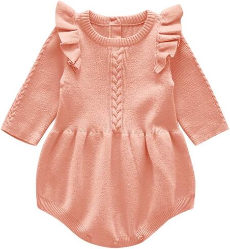 Baby Girl Long Sleeve Ruffle Bodysuit Dress Pleated Hem Pink Tutu Fall Clothes My First Thanksgiving Ugly Christmas Outfits 0-3 Months Snap Up Knit Sweater Winter Romper Brown 6-12 Months in Saudi Arabia