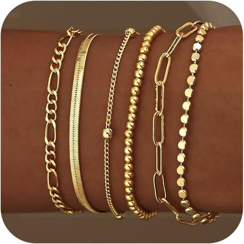 DEARMAY أساور سلسلة فضية أنيقة للنساء العصرية، مجموعات مجوهرات من الفضة الإسترليني/الذهب مقاومة للماء، قابلة للتكديس مطرزة بالخرز فيجارو متعرجة، سلسلة سوار حزمة هدايا للنساء in Kuwait