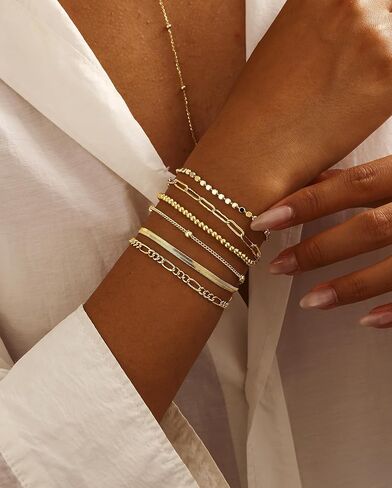 DEARMAY أساور سلسلة فضية أنيقة للنساء العصرية، مجموعات مجوهرات من الفضة الإسترليني/الذهب مقاومة للماء، قابلة للتكديس مطرزة بالخرز فيجارو متعرجة، سلسلة سوار حزمة هدايا للنساء in Kuwait