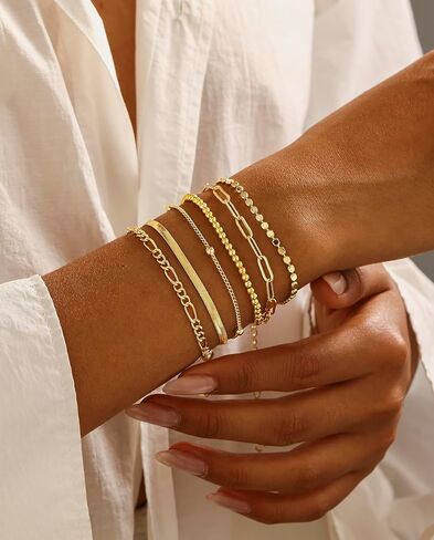 DEARMAY أساور سلسلة فضية أنيقة للنساء العصرية، مجموعات مجوهرات من الفضة الإسترليني/الذهب مقاومة للماء، قابلة للتكديس مطرزة بالخرز فيجارو متعرجة، سلسلة سوار حزمة هدايا للنساء in Kuwait