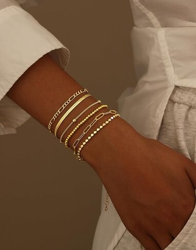 DEARMAY أساور سلسلة فضية أنيقة للنساء العصرية، مجموعات مجوهرات من الفضة الإسترليني/الذهب مقاومة للماء، قابلة للتكديس مطرزة بالخرز فيجارو متعرجة، سلسلة سوار حزمة هدايا للنساء in Kuwait