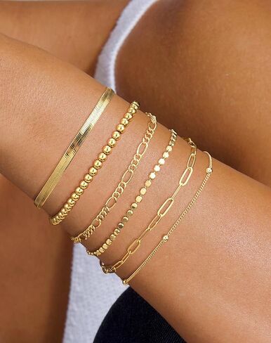 DEARMAY أساور سلسلة فضية أنيقة للنساء العصرية، مجموعات مجوهرات من الفضة الإسترليني/الذهب مقاومة للماء، قابلة للتكديس مطرزة بالخرز فيجارو متعرجة، سلسلة سوار حزمة هدايا للنساء in Kuwait