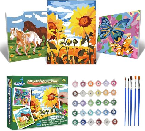 3 Pack Paint by Numbers for Kids Ages 8-12, Pre-Printed Acrylic Oil Painting, Includes (8x10, 8x9, 8x8 inch) Framed Canvas with 30 Acrylic Paint Pots, 5 Brushes for Kids, Art Supplies for Kids 9-12 in Kuwait