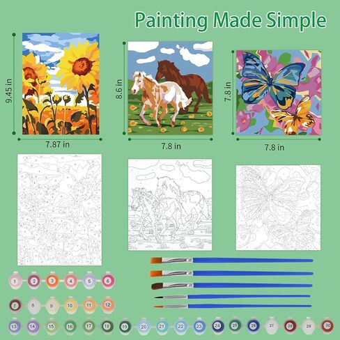 3 Pack Paint by Numbers for Kids Ages 8-12, Pre-Printed Acrylic Oil Painting, Includes (8x10, 8x9, 8x8 inch) Framed Canvas with 30 Acrylic Paint Pots, 5 Brushes for Kids, Art Supplies for Kids 9-12 in Kuwait