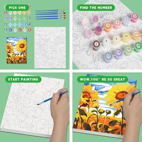 3 Pack Paint by Numbers for Kids Ages 8-12, Pre-Printed Acrylic Oil Painting, Includes (8x10, 8x9, 8x8 inch) Framed Canvas with 30 Acrylic Paint Pots, 5 Brushes for Kids, Art Supplies for Kids 9-12 in Kuwait