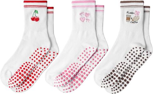 Pilates Socks Non Slip: 3 Pairs Grip Women Crew Socks Embroidery Pattern in Saudi Arabia