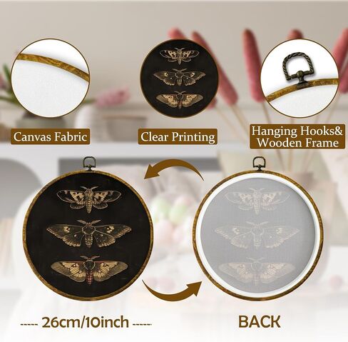 Mcehtle Vintage Gold Butterfly Wall Art Decor, Dark Moody Cottagecore Moth Butterfly Framed Canvas Prints 10x10, Neutral Farmhouse Round Wall Hanging Artwork Decorations for Bedroom Living Room in Kuwait