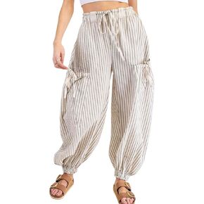Womens Harem Jogger Pants Striped Drawstring Loose Fit Wide Leg Low Waist Comfy Casual with Pockets in Saudi Arabia