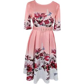Women's Floral Print A-Line Dress, Round Neck, Short Sleeve, Knee Length, with Belt, Summer Casual in Kuwait