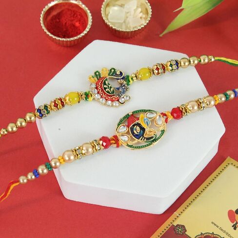 TIED RIBBONS Rakhi for Brother Set of 2 | Raksha Bandhan Mini Card | Roli Tika - Raksha bandhan Bracelet for Brother | Rakhi Gift in Saudi Arabia