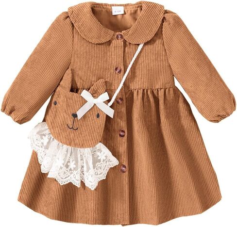 Mioglrie Baby Girl Dress Toddler Girl Dress Fall Winter Long Sleeve Corduroy Princess Dresses Cute Satchel Playwear Outfits in Kuwait