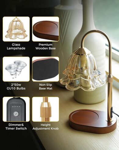 11.5"-14.5" Candle Warmer Lamp with Timer & Dimmer, Gift for Women, Birthday, Adjustable Height Warming Light for Jar Candles, Modern Dimmable Table Light with 2 Bulbs for Bedroom, Office in Saudi Arabia