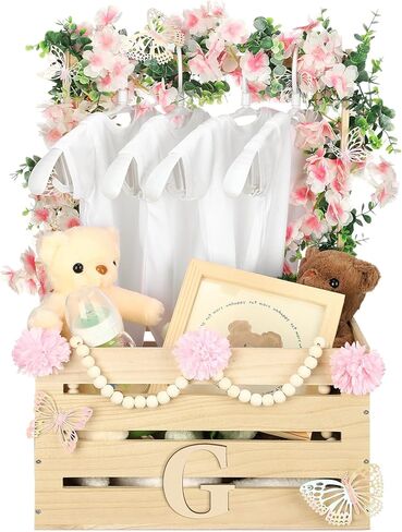 Juexica Wooden Baby Shower Crate Closet, Baby Basket with Handle Butterfly Eucalyptus Garland Wooden Bead Baby Hangers Large Letter, Butterfly Theme Wooden Crate for Pregnancy New Parent in Saudi Arabia