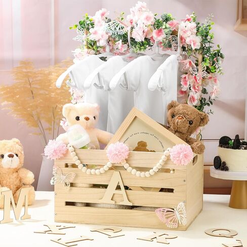 Juexica Wooden Baby Shower Crate Closet, Baby Basket with Handle Butterfly Eucalyptus Garland Wooden Bead Baby Hangers Large Letter, Butterfly Theme Wooden Crate for Pregnancy New Parent in Saudi Arabia
