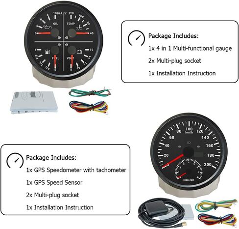 Eling 110mm 2 Gauge Set Speedometer GPS 200km/h مع مقياس سرعة الدوران 0-8000 دورة في الدقيقة مع إجمالي عدد الكيلومترات 4in1 لمستوى الوقود متعدد الوظائف. ضغط الزيت 0-10BAR Voltmeter 12V لقارب RV Auto in Kuwait