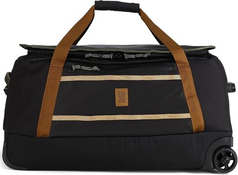 Topo Designs Mountain Duffel Roller 90L, Telescoping Handle, Crushproof Wheels, External Stabilizer Bar + Panel Rails, Matte PVC Liner, Bluesign Approved (Black/Neutral) in Saudi Arabia