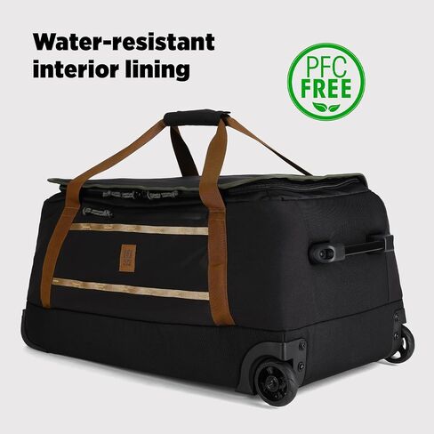 Topo Designs Mountain Duffel Roller 90L, Telescoping Handle, Crushproof Wheels, External Stabilizer Bar + Panel Rails, Matte PVC Liner, Bluesign Approved (Black/Neutral) in Saudi Arabia