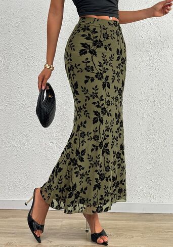 BTFBM Womens Floral Mesh Midi Skirt مرنة عالية الخصر بوهو الأنيقة حورية البحر 2025 الصيف الخريف التنانير الطويلة للنساء in Saudi Arabia