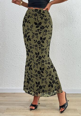 BTFBM Womens Floral Mesh Midi Skirt مرنة عالية الخصر بوهو الأنيقة حورية البحر 2025 الصيف الخريف التنانير الطويلة للنساء in Saudi Arabia