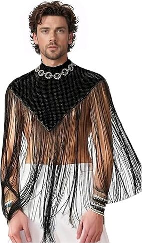 Men's Long Tassel Shrug Shoulder Pads Tank Top Clubwear Disco Rave Outfits Patchwork Sequins Fringe Outwears in Kuwait