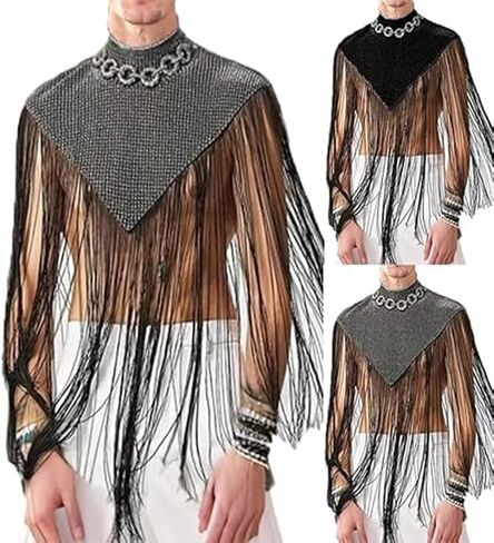 Men's Long Tassel Shrug Shoulder Pads Tank Top Clubwear Disco Rave Outfits Patchwork Sequins Fringe Outwears in Kuwait