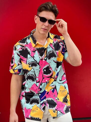 Men's Hawaiian Shirt Button Down Funny Printed Casual Short Sleeve Summer Beach Shirts in Saudi Arabia