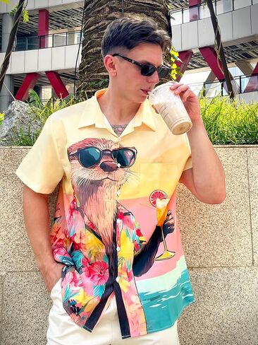 Men's Hawaiian Shirt Button Down Funny Printed Casual Short Sleeve Summer Beach Shirts in Saudi Arabia