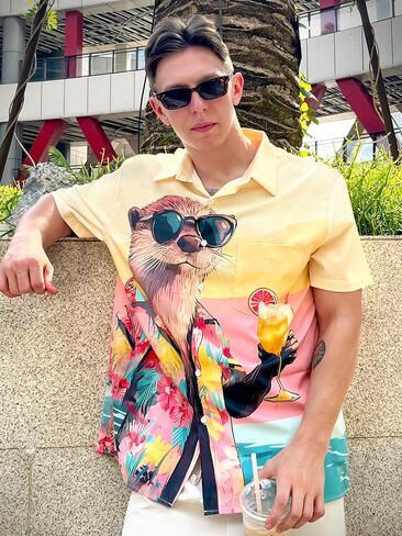 Men's Hawaiian Shirt Button Down Funny Printed Casual Short Sleeve Summer Beach Shirts in Saudi Arabia