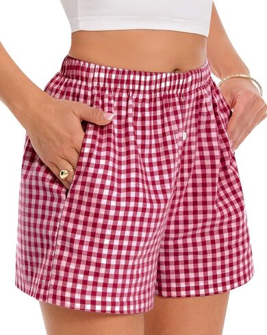 Boxer Shorts for Women Summer Gingham Pajama Casual Plaid Shorts Y2K Beach Bottoms with Pocket in Saudi Arabia