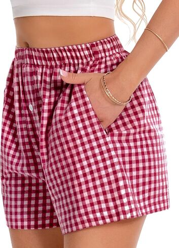 Boxer Shorts for Women Summer Gingham Pajama Casual Plaid Shorts Y2K Beach Bottoms with Pocket in Saudi Arabia