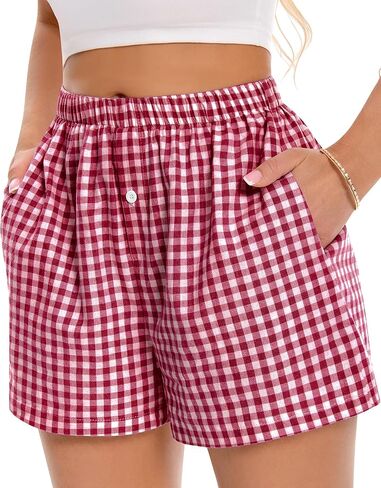 Boxer Shorts for Women Summer Gingham Pajama Casual Plaid Shorts Y2K Beach Bottoms with Pocket in Saudi Arabia