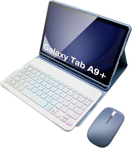 حافظة لوحة المفاتيح GYSDCAZ لجهاز Samsung Galaxy Tab A9 Plus 11 بوصة (SM-X210/X216/X218)، لوحة مفاتيح بإضاءة خلفية 7 ألوان مع ماوس لاسلكي مزدوج الوضع، أسود in Kuwait