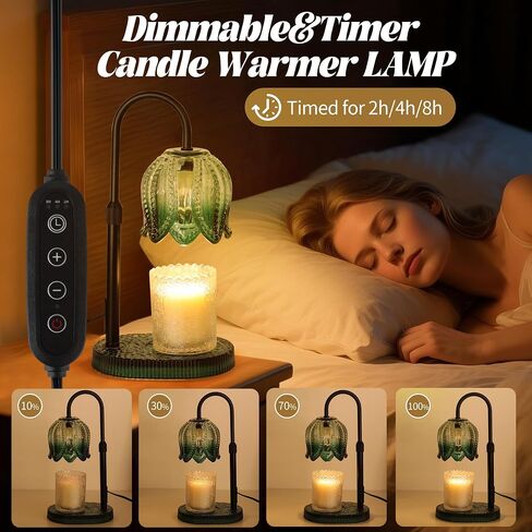 Tulip Candle Warmer Lamp – Vintage Wax Melt Warmer with Timer, Dimmer & Adjustable Height for Jar Candles – Decorative Home Accent for Women, 2 Bulbs Included (Green) in Saudi Arabia