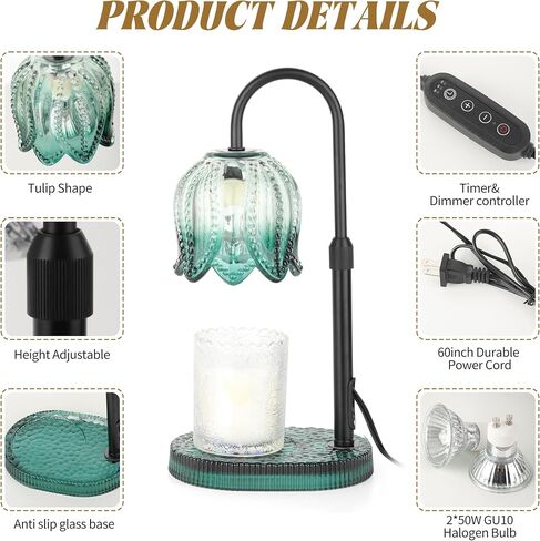 Tulip Candle Warmer Lamp – Vintage Wax Melt Warmer with Timer, Dimmer & Adjustable Height for Jar Candles – Decorative Home Accent for Women, 2 Bulbs Included (Green) in Saudi Arabia
