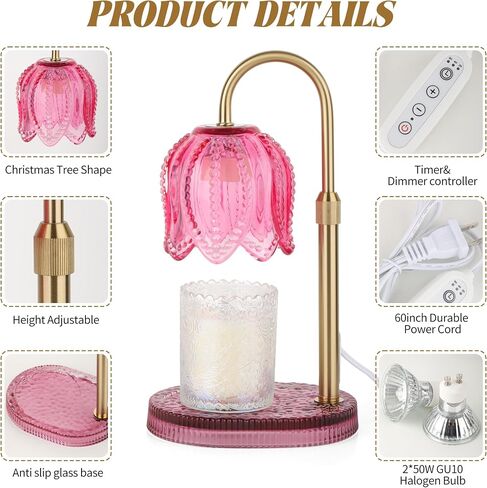 Tulip Candle Warmer Lamp – Vintage Wax Melt Warmer with Timer, Dimmer & Adjustable Height for Jar Candles – Decorative Home Accent for Women, 2 Bulbs Included (Green) in Saudi Arabia