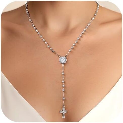 Women's Gold Saint Benedict Necklace - 14k Gold Plated Rosary Beads Cross Necklaces,Non Tarnish Golden Y Chain Catholic Miraculous Medal Protection Necklaces,Religious Crucifix Jewelry Gift for Her in Kuwait