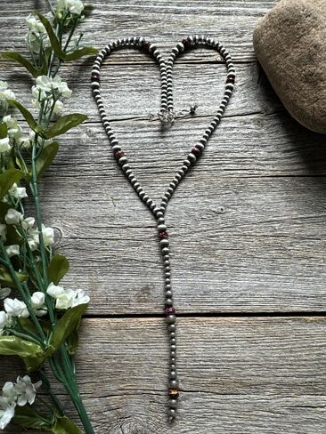 Southwestern 925 Sterling Silver Gemstone with Pearls Bead Lariat Y Necklace. 26 Inches. "Navajo Style" in Saudi Arabia