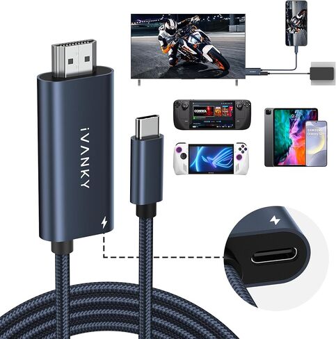 IVANKY 2 في 1 USB C إلى HDMI 100W كابل شحن لسطح البخار OLED/ASUS ROG Ally X/MSI Claw، كابل مجدول من النايلون 4K@60 هرتز، موصل محول تلفزيون محمول للسفر لتمديد شاشة التلفزيون، أزرق منتصف الليل in Kuwait
