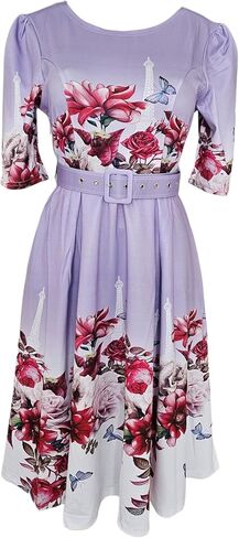 Women's Floral Print A-Line Dress, Round Neck, Short Sleeve, Knee Length, with Belt, Summer Casual in Saudi Arabia
